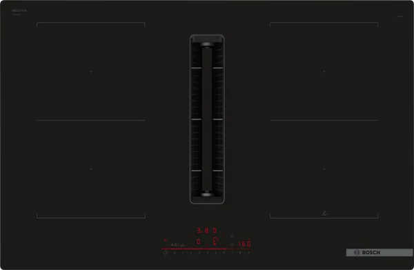 Plita cu inductie cu hota integrata BOSCH seria 6 PVQ811H26E, Clasa B, HomeConnect, CombiZone, Senzor PerfectFry, 622 m³/h, 80 cm